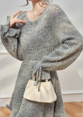 New Grey Ruffled Hollow Out Lace Up Knit Sweater Dress Fall 5
