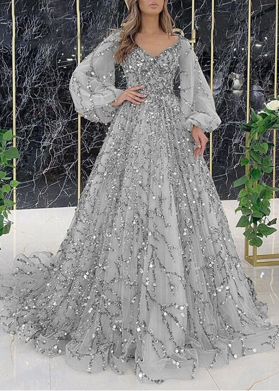 Sequin Embellished Tulle V-Neck Lantern Sleeve Train Ball Gown
