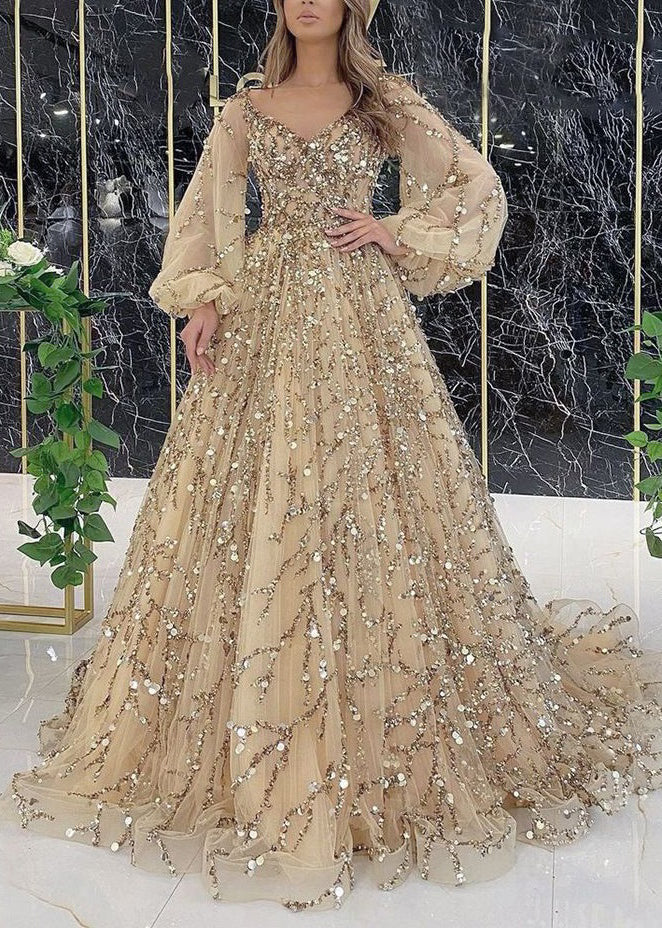 Sequin Embellished Tulle V-Neck Lantern Sleeve Train Ball Gown 2