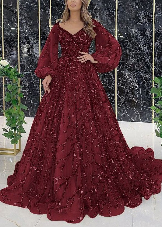 Sequin Embellished Tulle V-Neck Lantern Sleeve Train Ball Gown 3