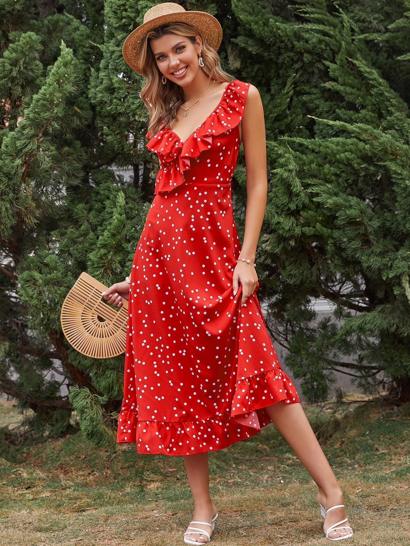 New High-waist Ruffled Slim-fit Polka-dot Sleeveless Red Dress