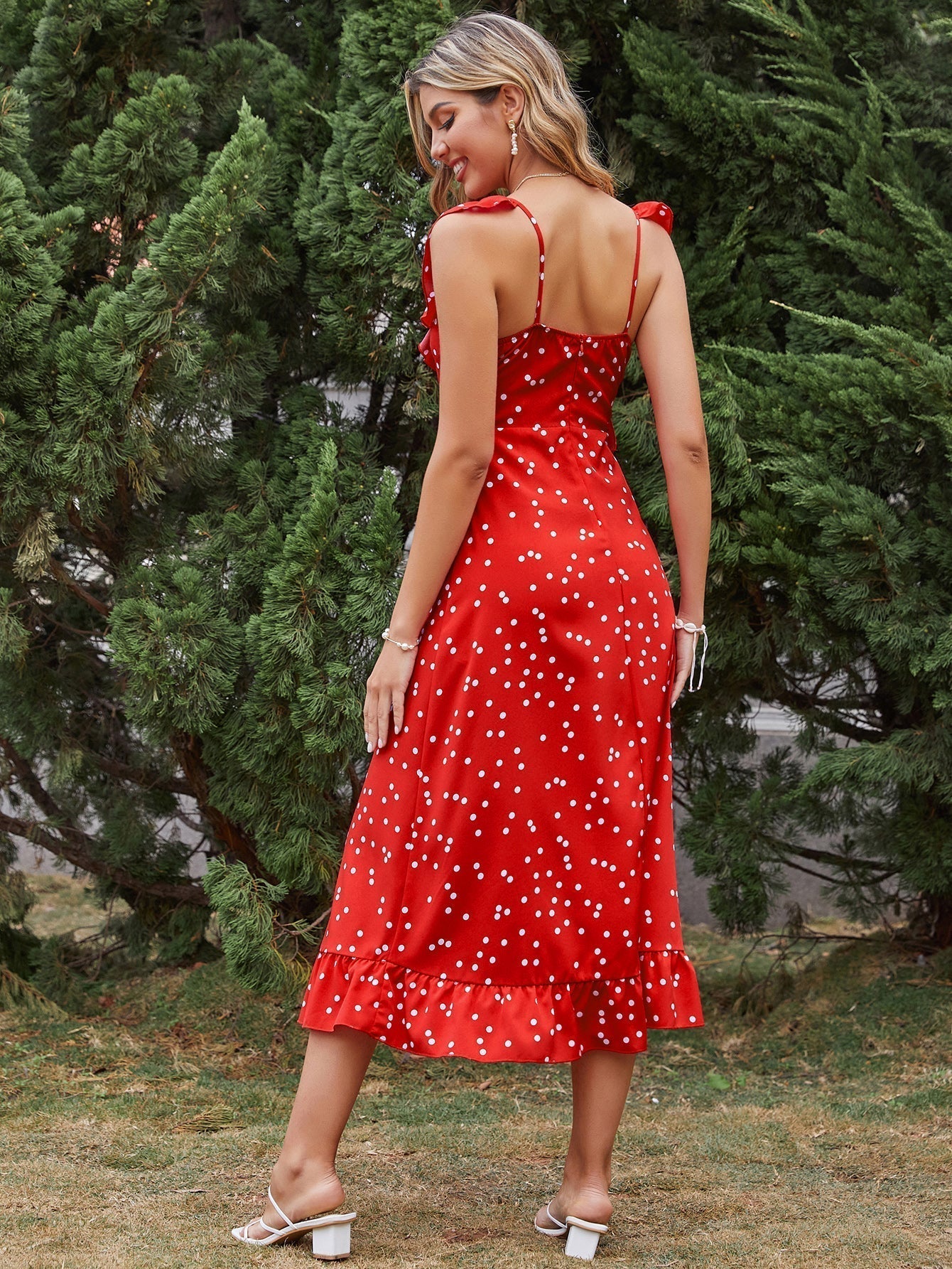 New High-waist Ruffled Slim-fit Polka-dot Sleeveless Red Dress