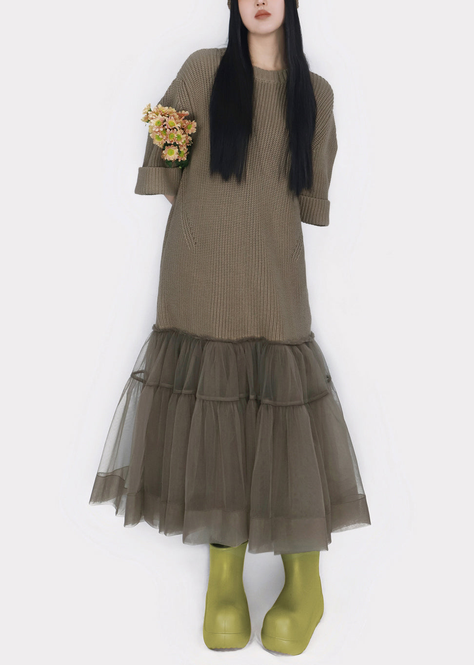 Tiered Tulle Crew Neck Ribbed Knit Fit and Flare Midi Dress