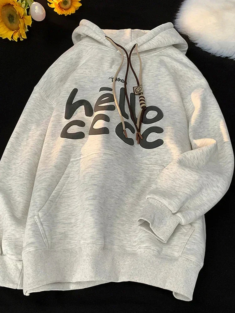 Puff Hello Letter Print Kangaroo Pocket Fleece Hoodie 8