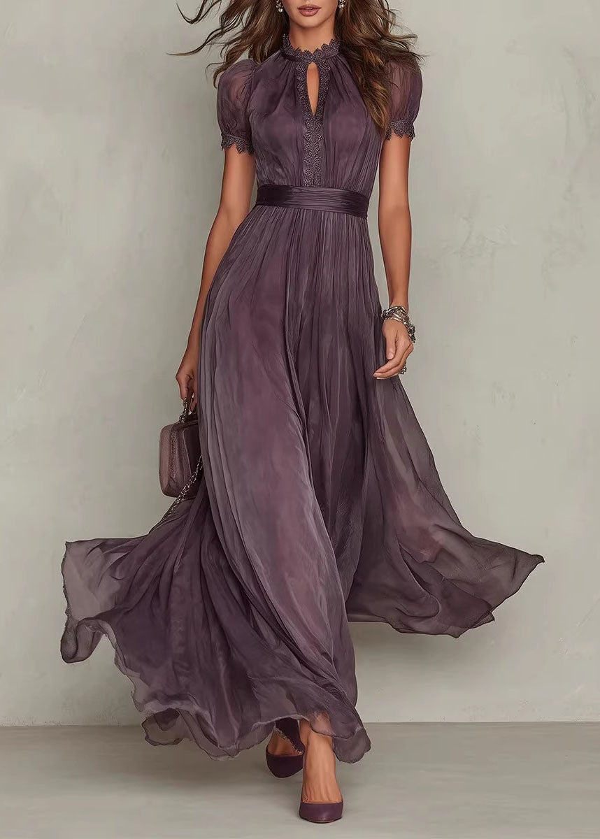 Lace Trim Keyhole Neck Puff Sleeve Pleated Chiffon Waistband Maxi Gown