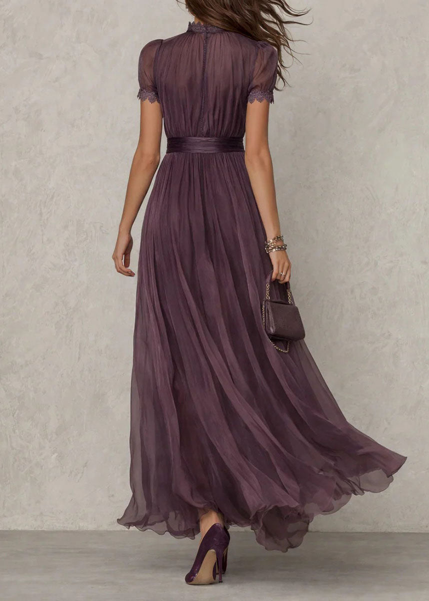 Lace Trim Keyhole Neck Puff Sleeve Pleated Chiffon Waistband Maxi Gown