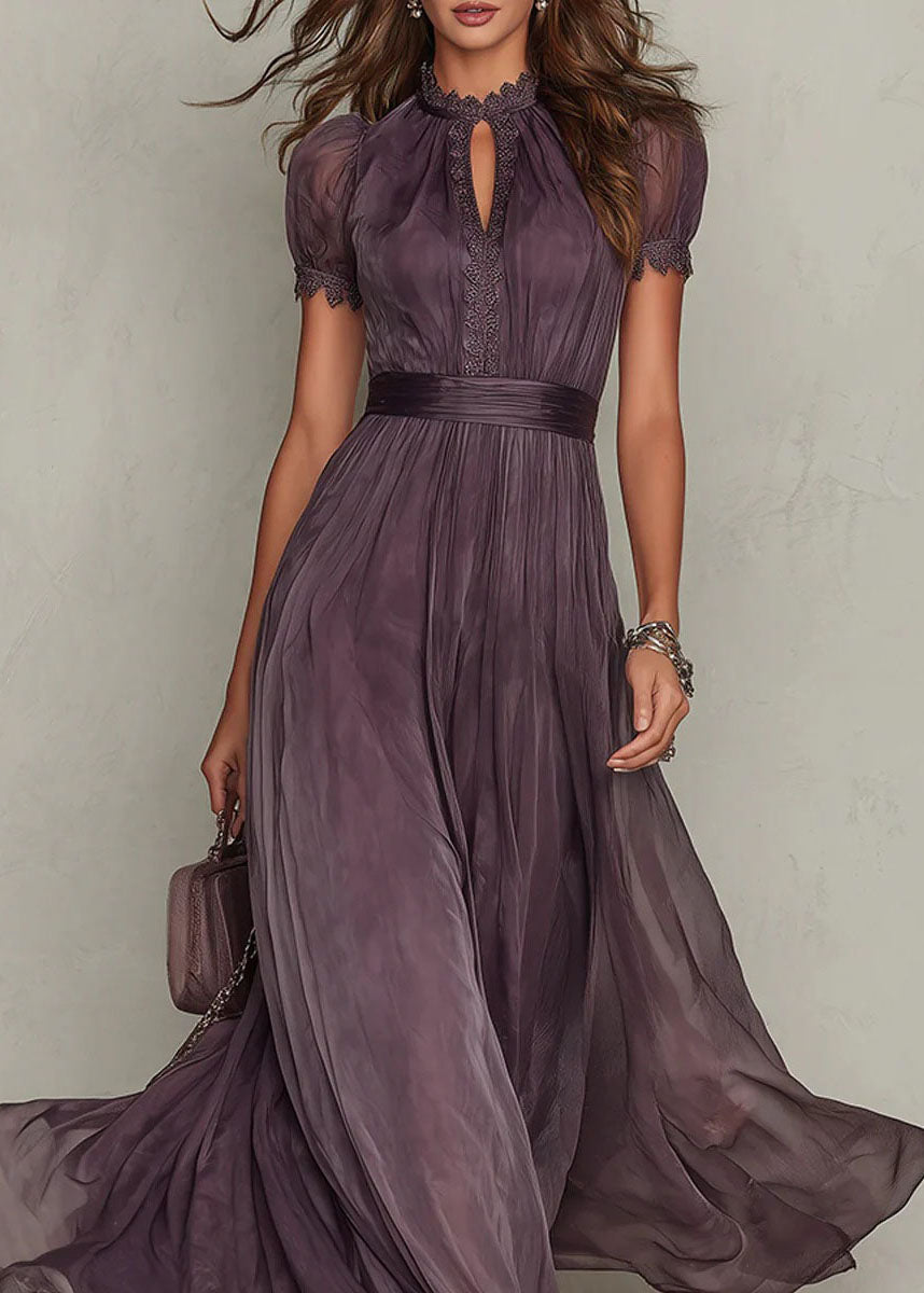 Lace Trim Keyhole Neck Puff Sleeve Pleated Chiffon Waistband Maxi Gown