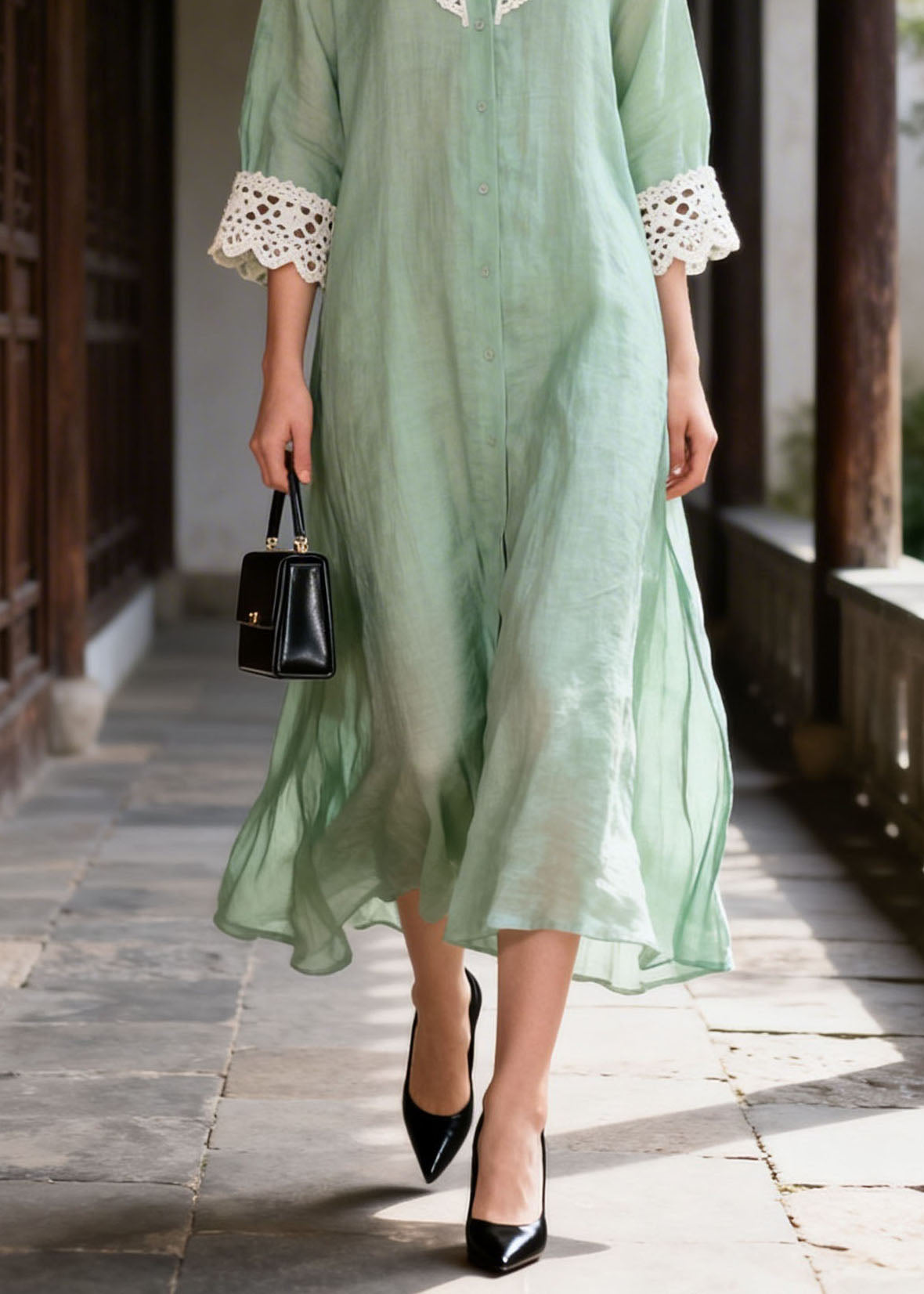 Lace Trim Collar Button Front Three Quarter Sleeve A-Line Midi Dress