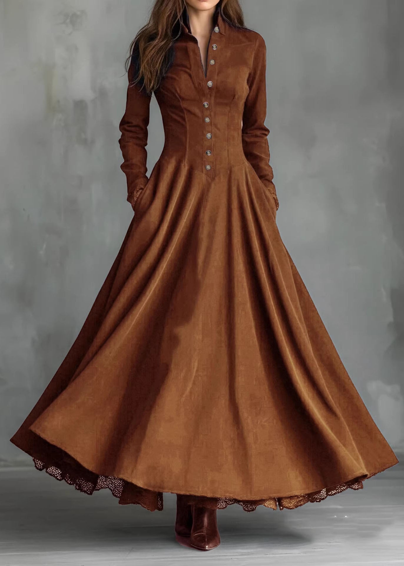 Button Front Stand Collar Lace Trim Pleated Pocket Long Sleeve Maxi Dress