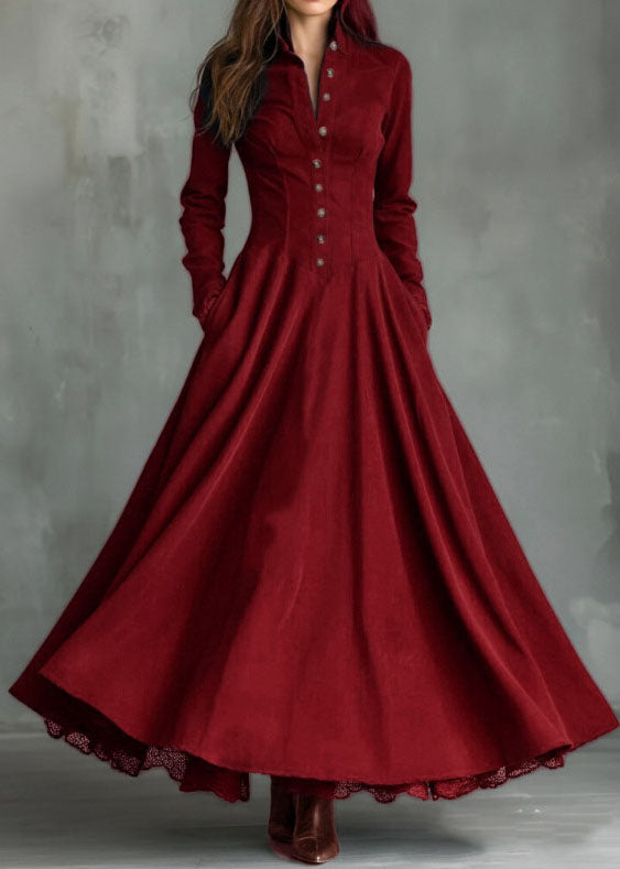 Button Front Stand Collar Lace Trim Pleated Pocket Long Sleeve Maxi Dress