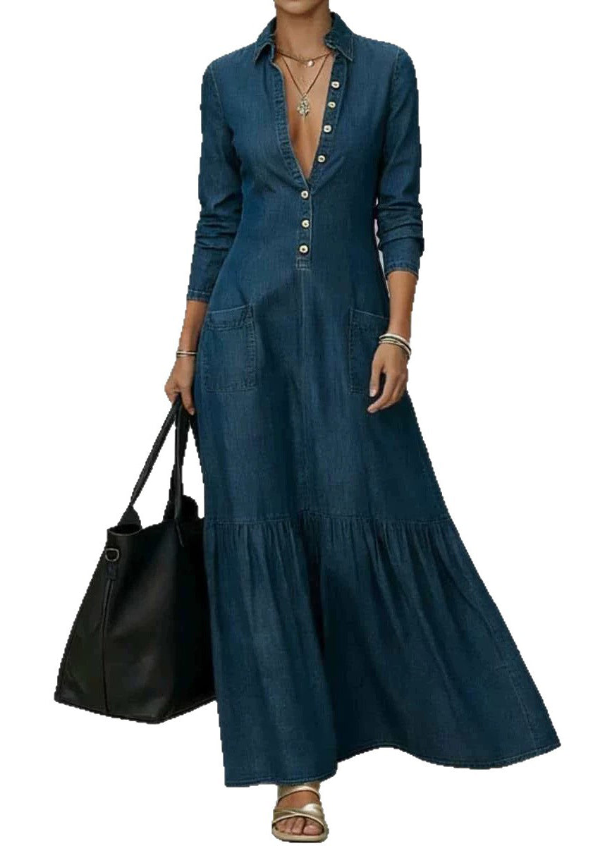 New Navy Peter Pan Collar Pockets Patchwork Denim Dresses Long Sleeve