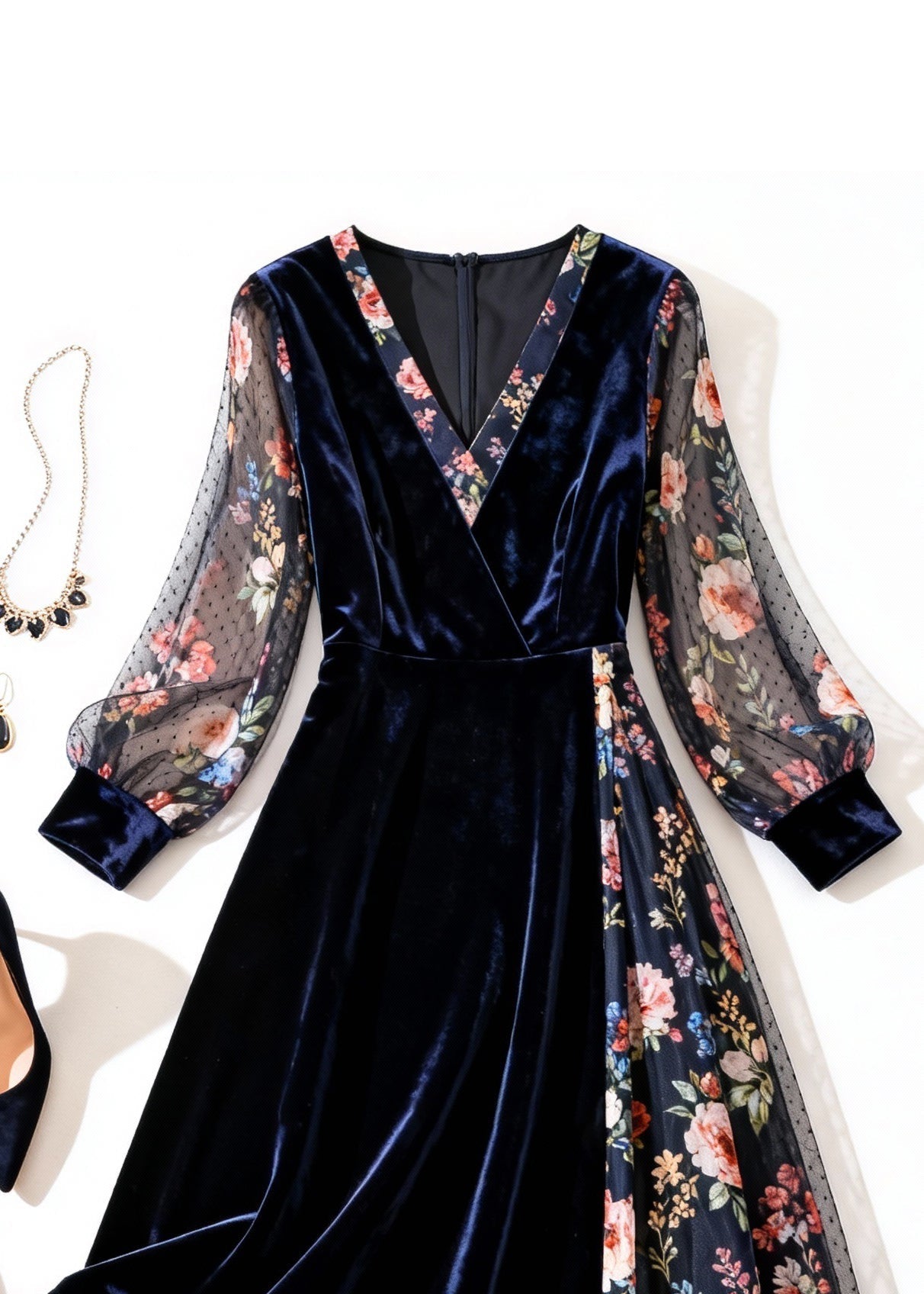 Velvet Wrap V-Neck Floral Mesh Balloon Sleeve Ruffle Hem Midi Dress