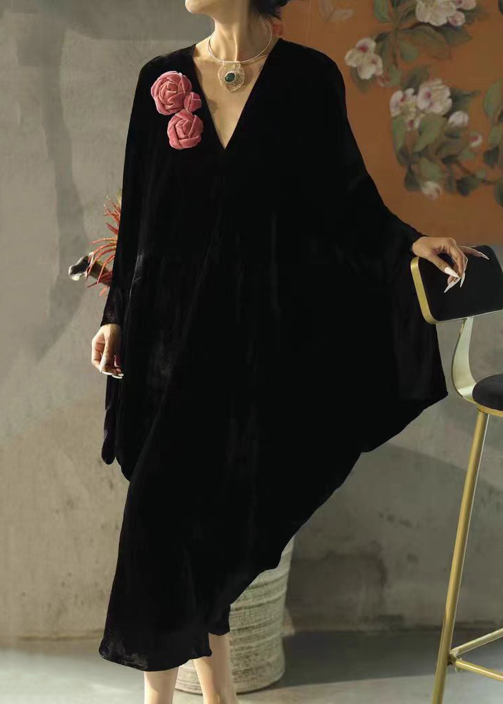 Velvet Deep V-Neck Batwing Sleeve Rosette Appliqué Draped Kaftan Maxi Gown