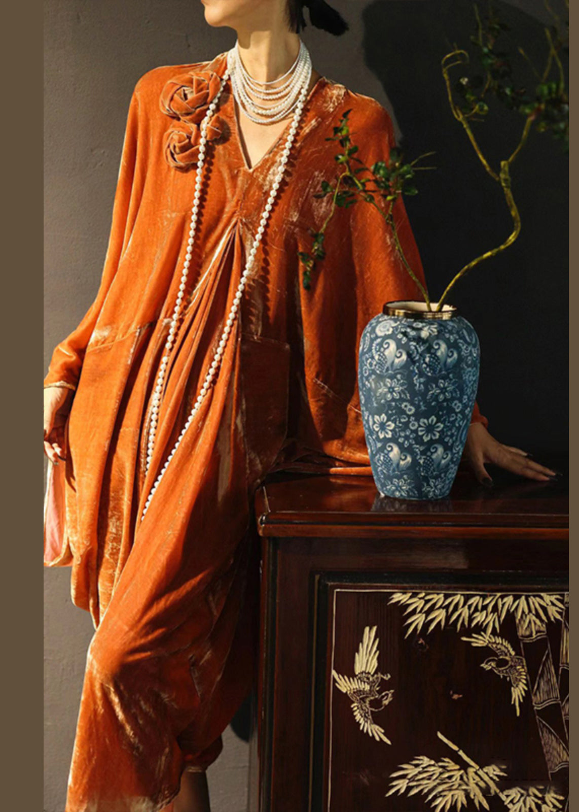 Velvet Deep V-Neck Batwing Sleeve Rosette Appliqué Draped Kaftan Maxi Gown
