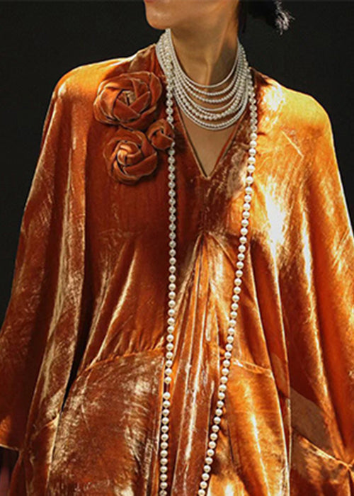Velvet Deep V-Neck Batwing Sleeve Rosette Appliqué Draped Kaftan Maxi Gown