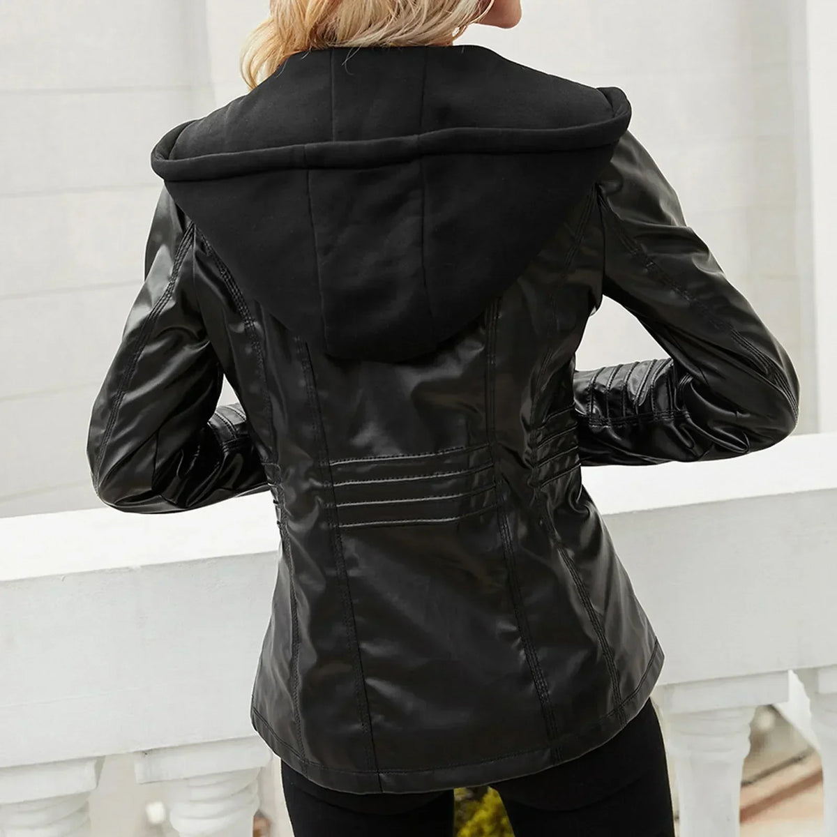Hooded Zip Front Seamed Slim Fit Faux Leather Jacket 4