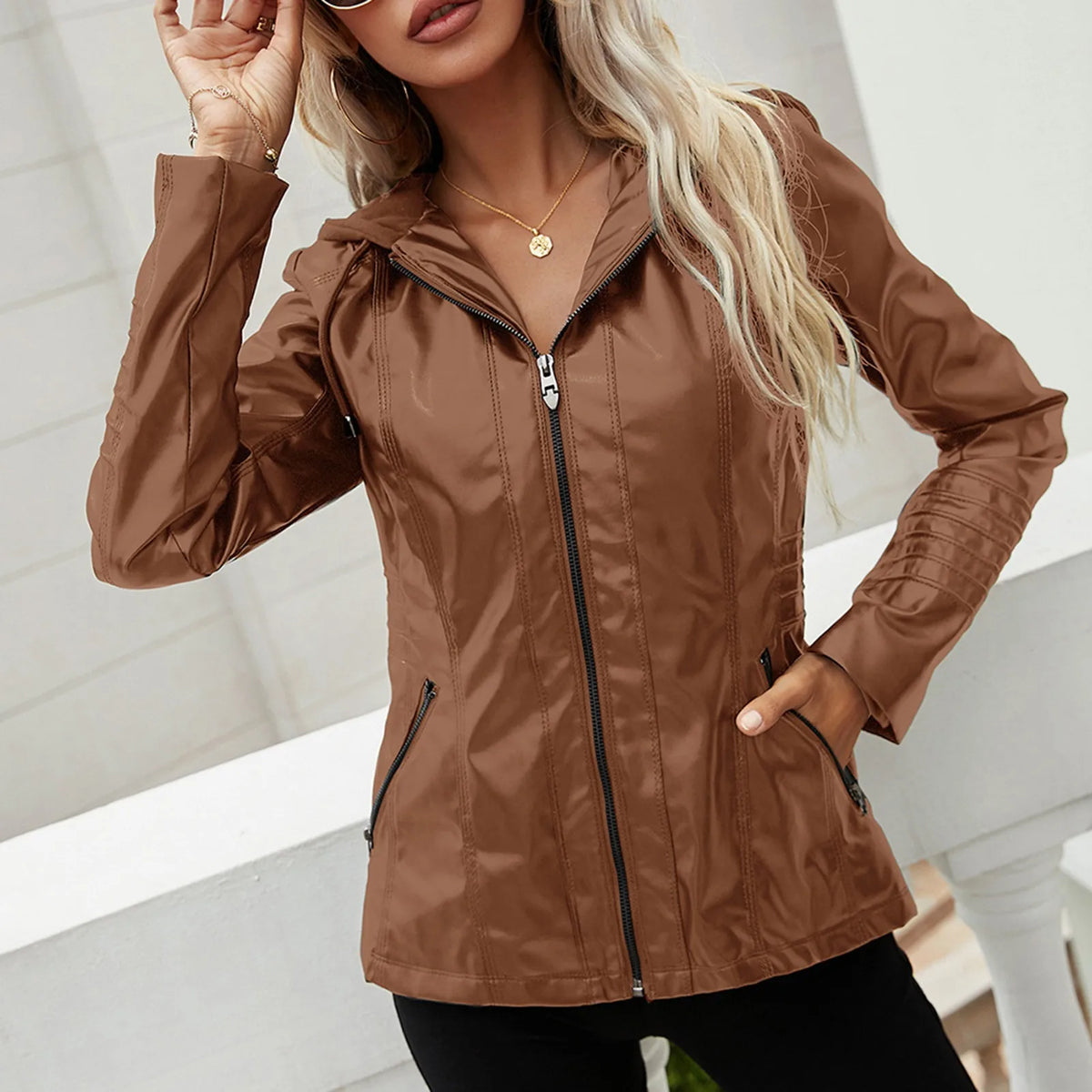 Hooded Zip Front Seamed Slim Fit Faux Leather Jacket 2