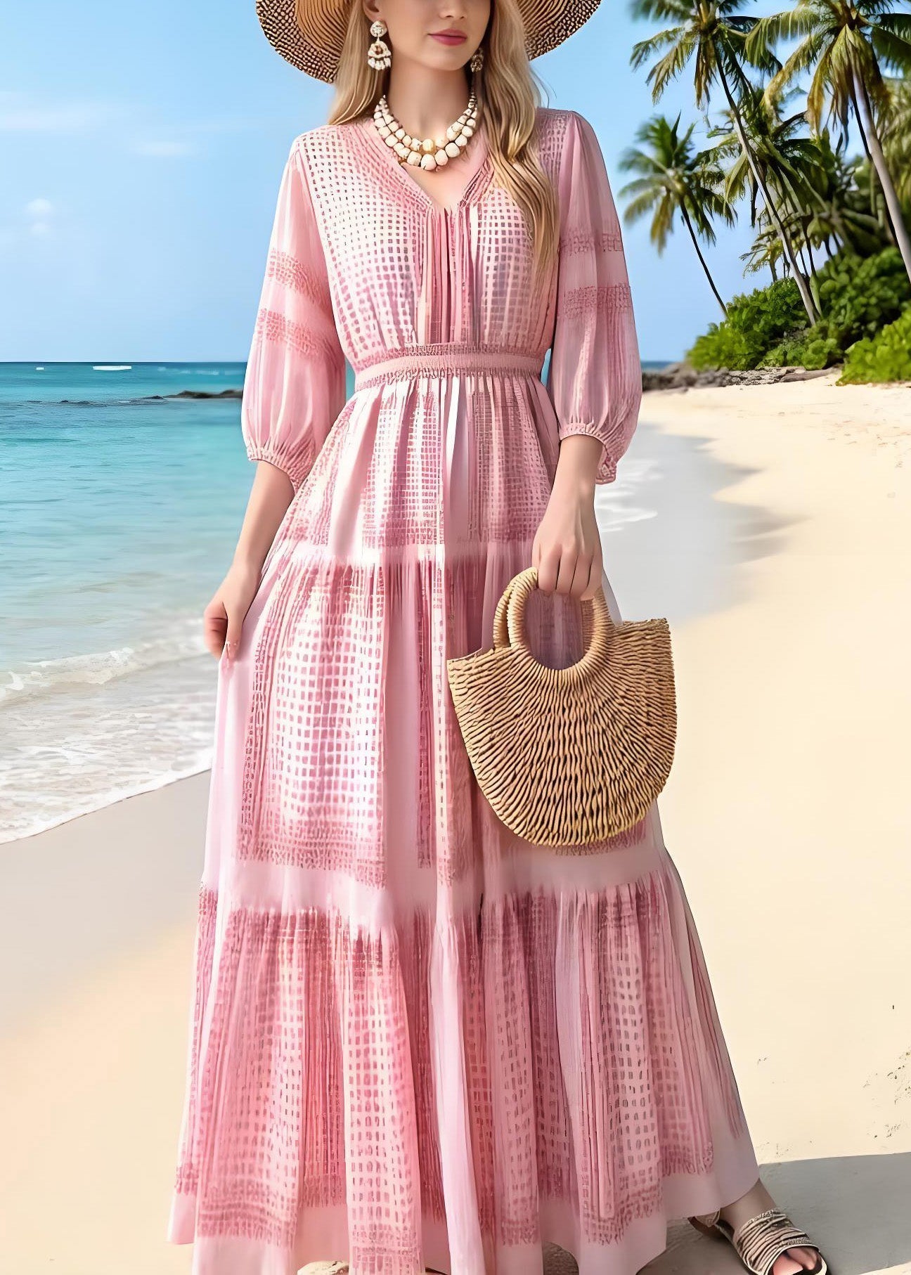 V-Neck Smocked Waist Geometric Print Tiered Maxi Summer Dress
