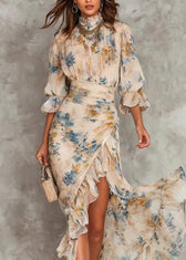 New Print Hign Neck Asymmetrical Design Ruffled Patchwork Chiffon Dress Summer 2