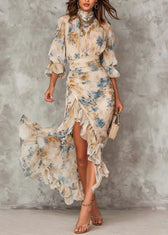 New Print Hign Neck Asymmetrical Design Ruffled Patchwork Chiffon Dress Summer 3