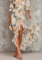 New Print Hign Neck Asymmetrical Design Ruffled Patchwork Chiffon Dress Summer 4