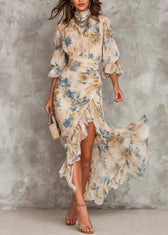 New Print Hign Neck Asymmetrical Design Ruffled Patchwork Chiffon Dress Summer 5