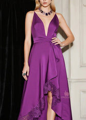 New Purple Asymmetrical Lace Patchwork Silk Spaghetti Strap Dress Summer 2