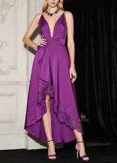 New Purple Asymmetrical Lace Patchwork Silk Spaghetti Strap Dress Summer 3