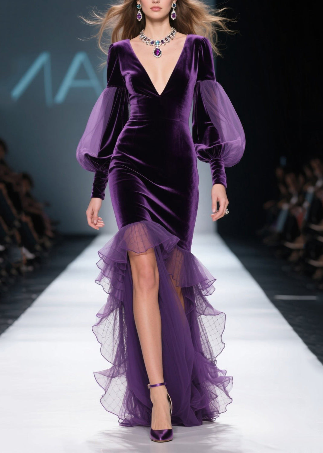 Deep V-Neck Sheer Lantern Sleeve Velvet Tulle Ruffle High Split Gown 3