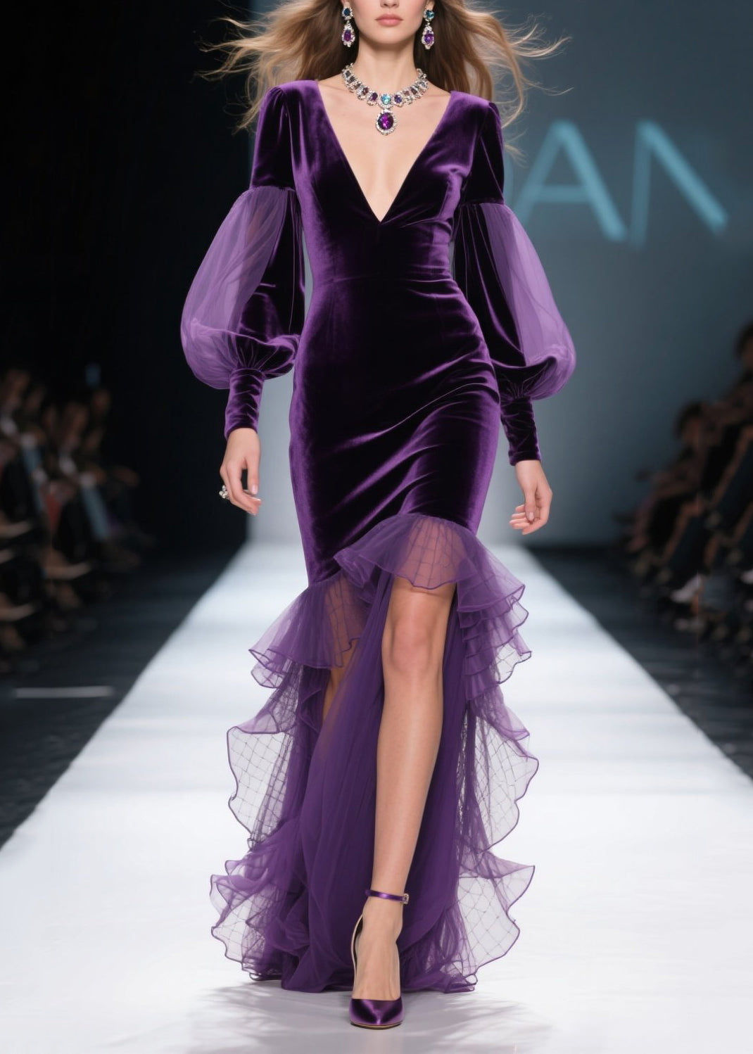 Deep V-Neck Sheer Lantern Sleeve Velvet Tulle Ruffle High Split Gown 5