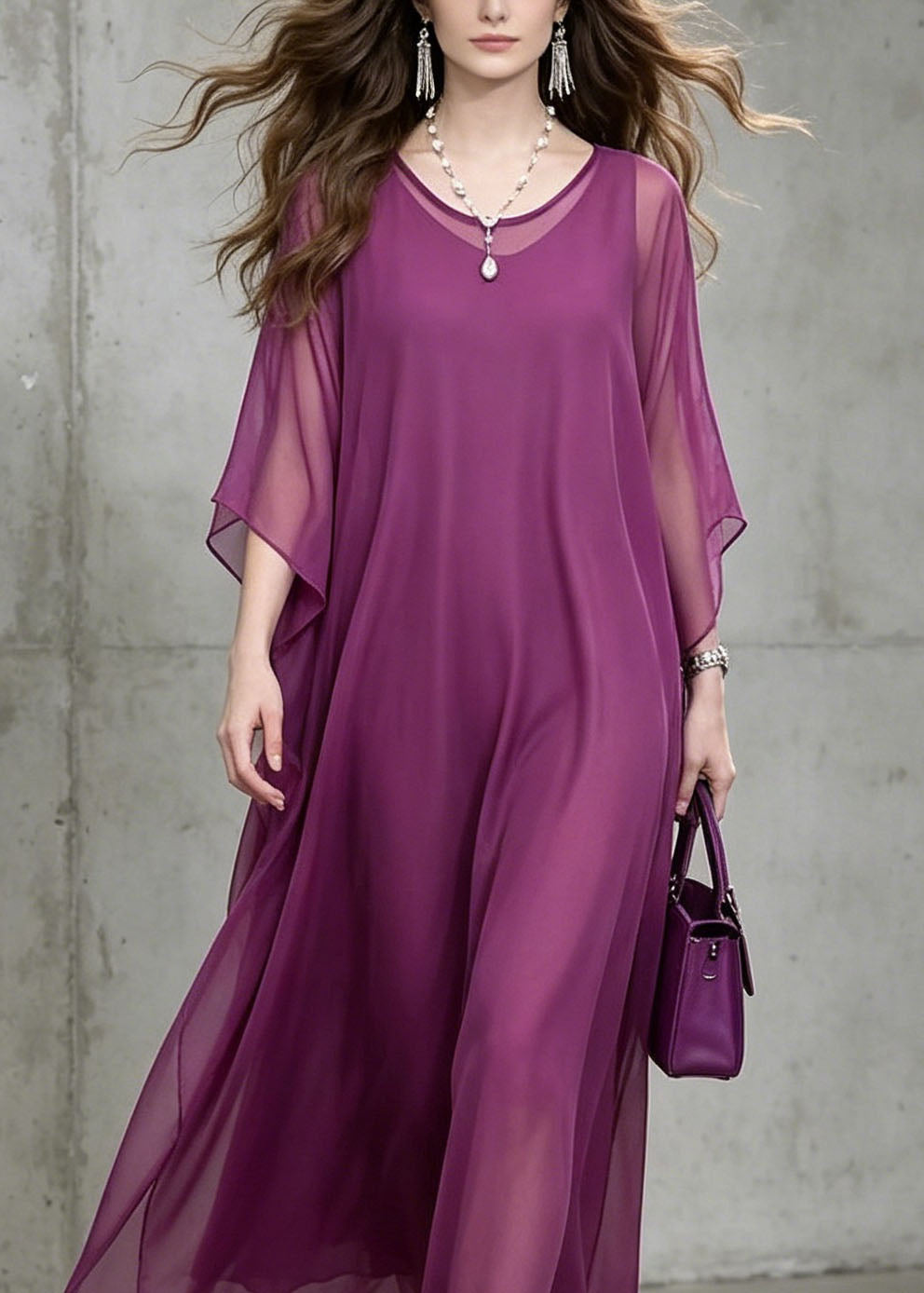 Chiffon Round Neck Batwing Sleeve Loose Flowy Kaftan Maxi Dress