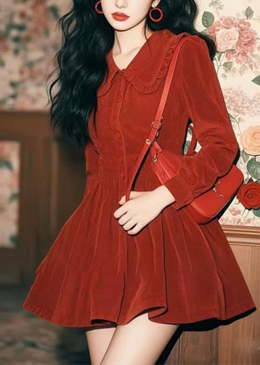 New Red Peter Pan Collar Button Corduroy Mid Dress Spring
