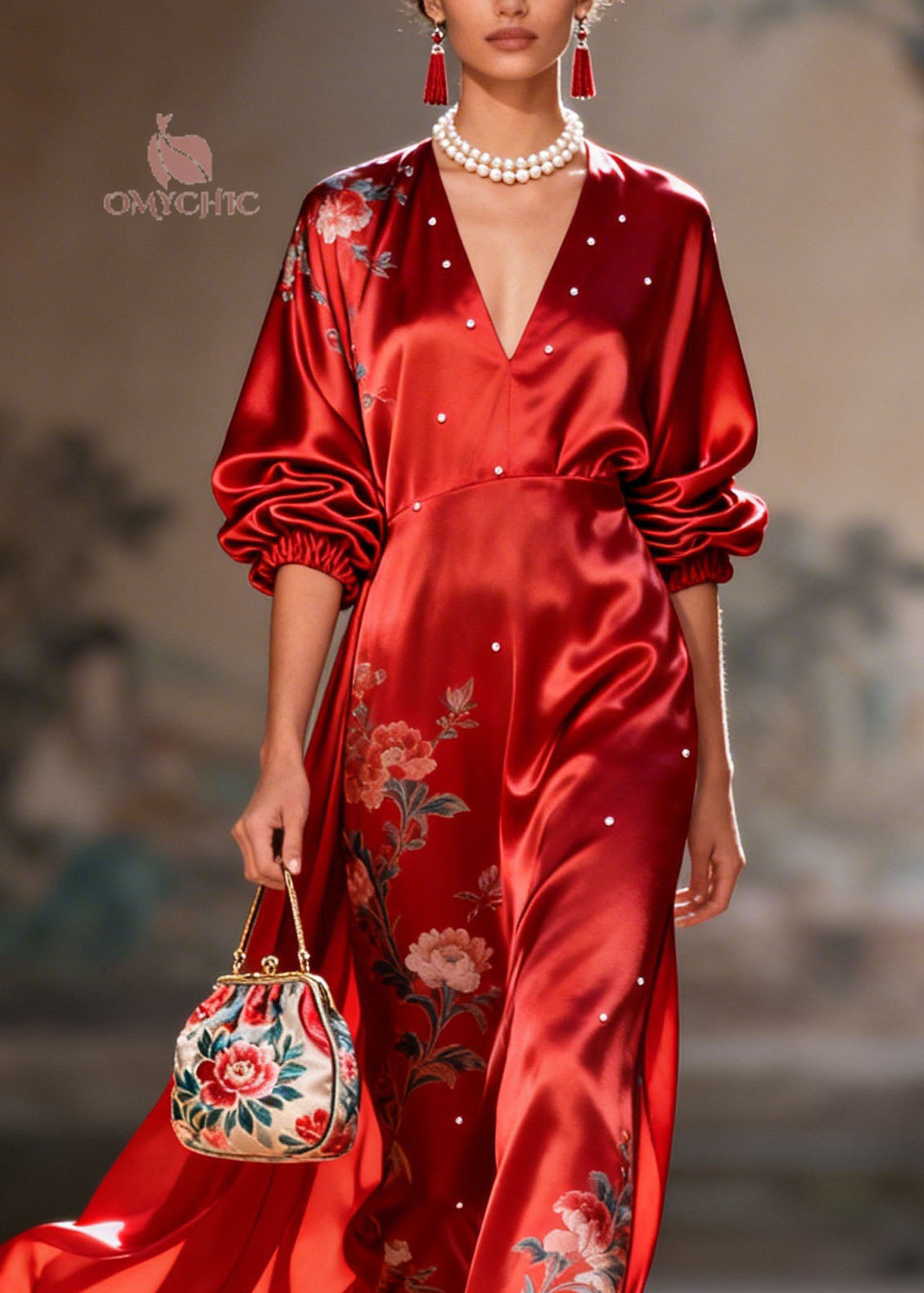 Satin Floral Embroidery Pearl Trim Deep V-Neck Puff Sleeve Maxi Gown