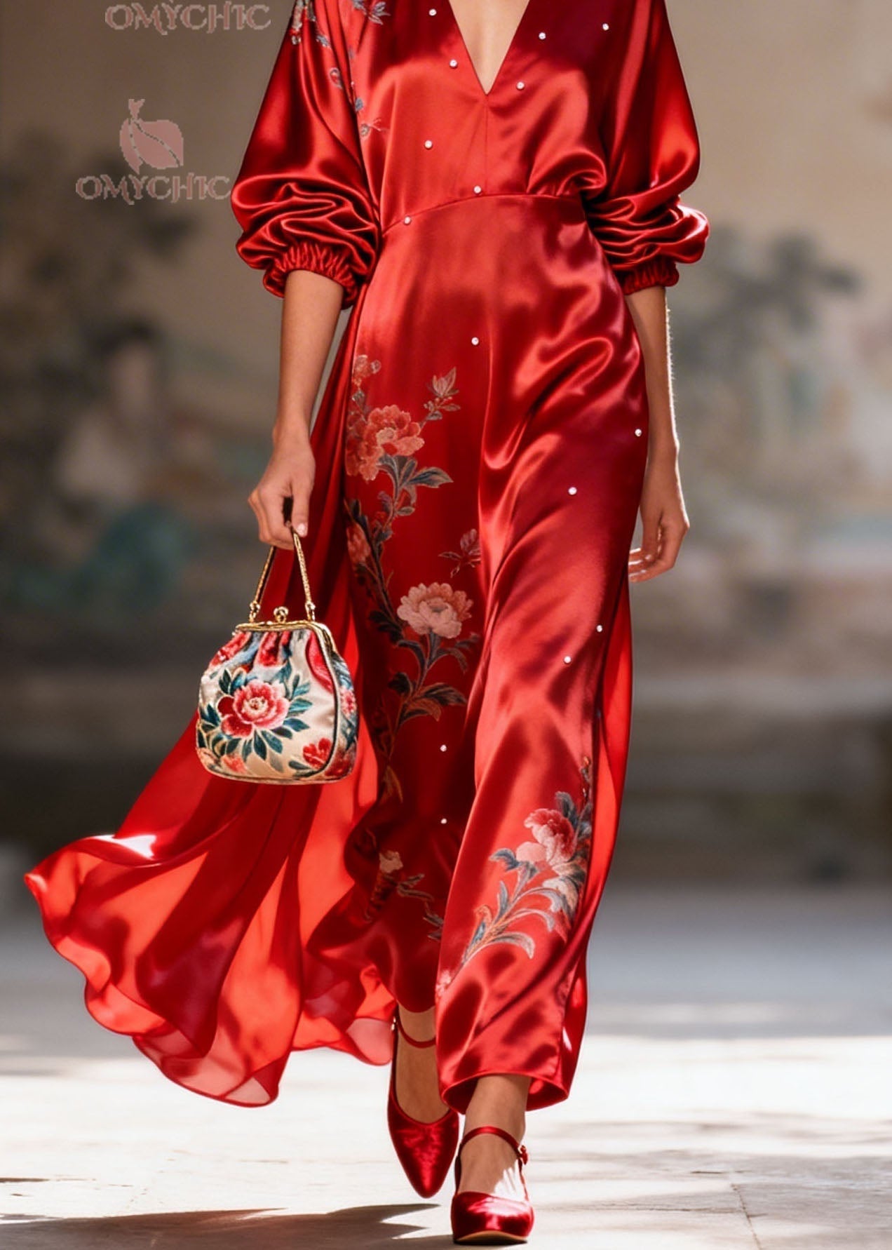 Satin Floral Embroidery Pearl Trim Deep V-Neck Puff Sleeve Maxi Gown