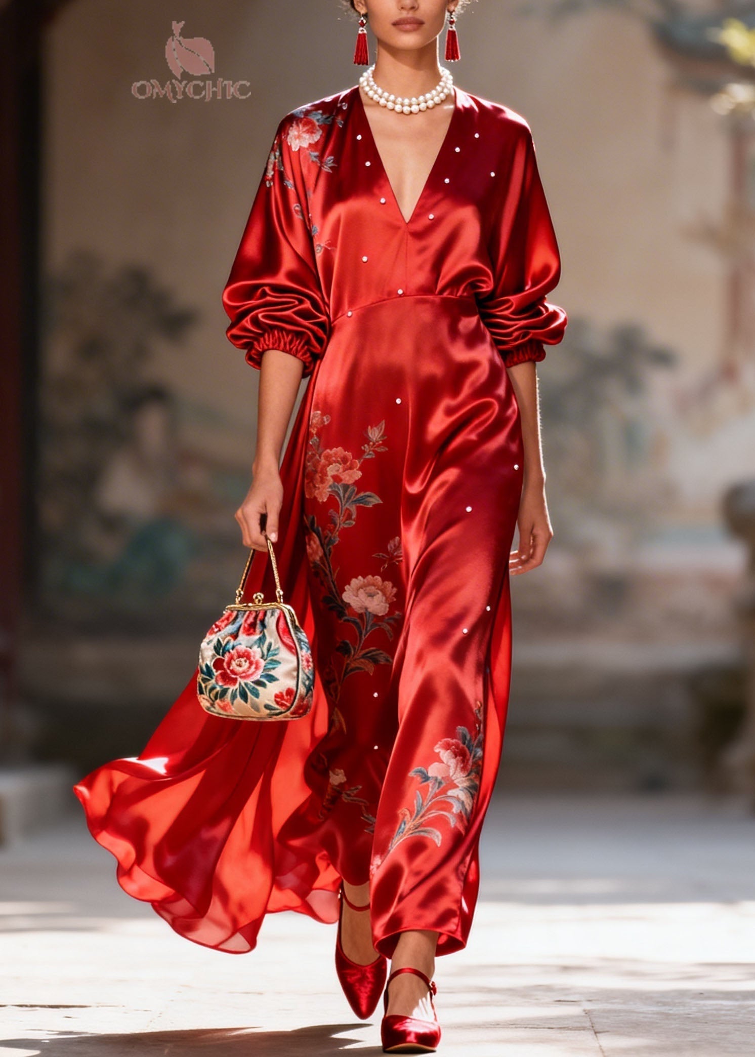 Satin Floral Embroidery Pearl Trim Deep V-Neck Puff Sleeve Maxi Gown