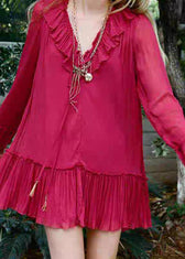 New Red V Neck Wrinkled Lace Up Cotton Mini Dresses Fall 4