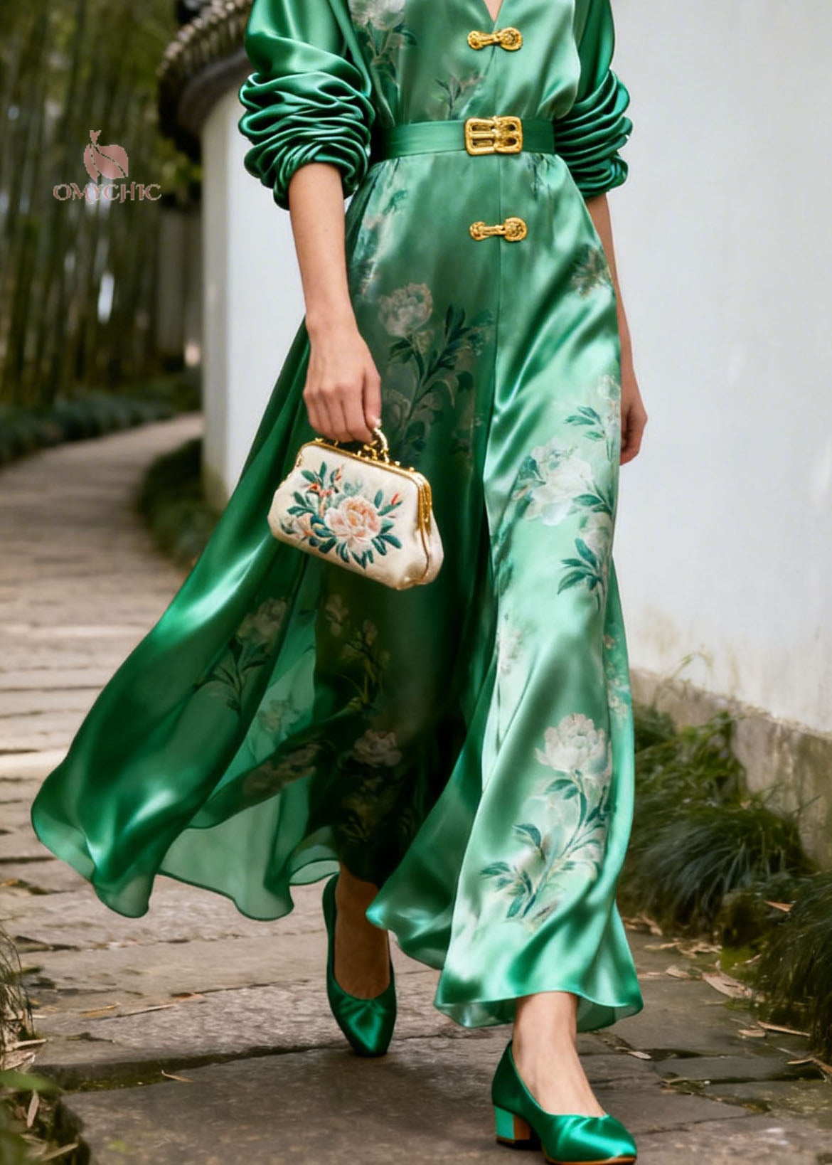 Floral Print Frog Button V-Neck Ruched Puff Sleeve Belted Satin Maxi Gown