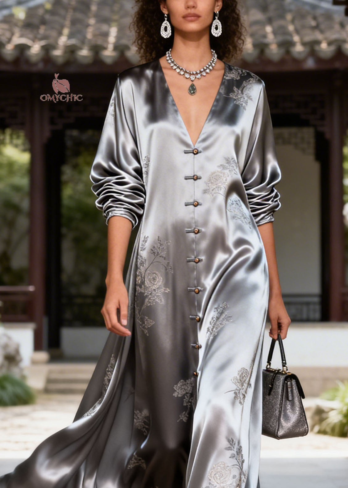 Satin Deep V-Neck Long Sleeve Button Front Floral Embroidery Maxi Gown