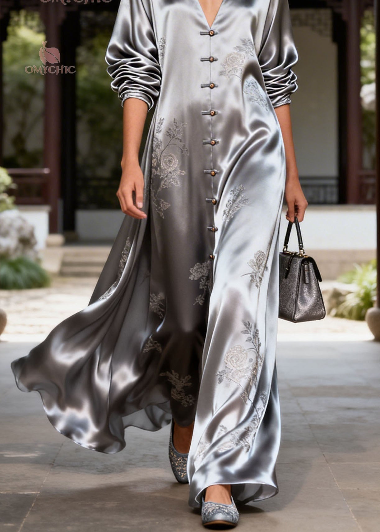 Satin Deep V-Neck Long Sleeve Button Front Floral Embroidery Maxi Gown