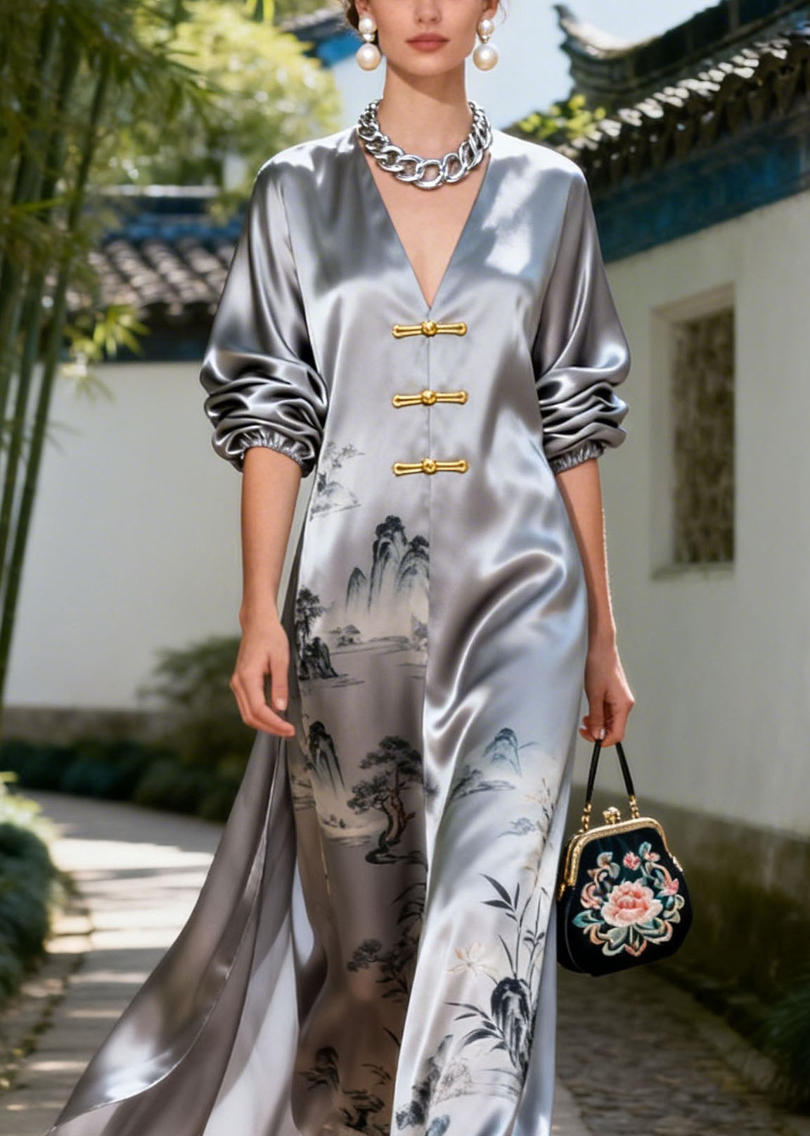 Ink Wash Landscape Print Puff Sleeve Frog Closure High Split Satin Maxi Gown