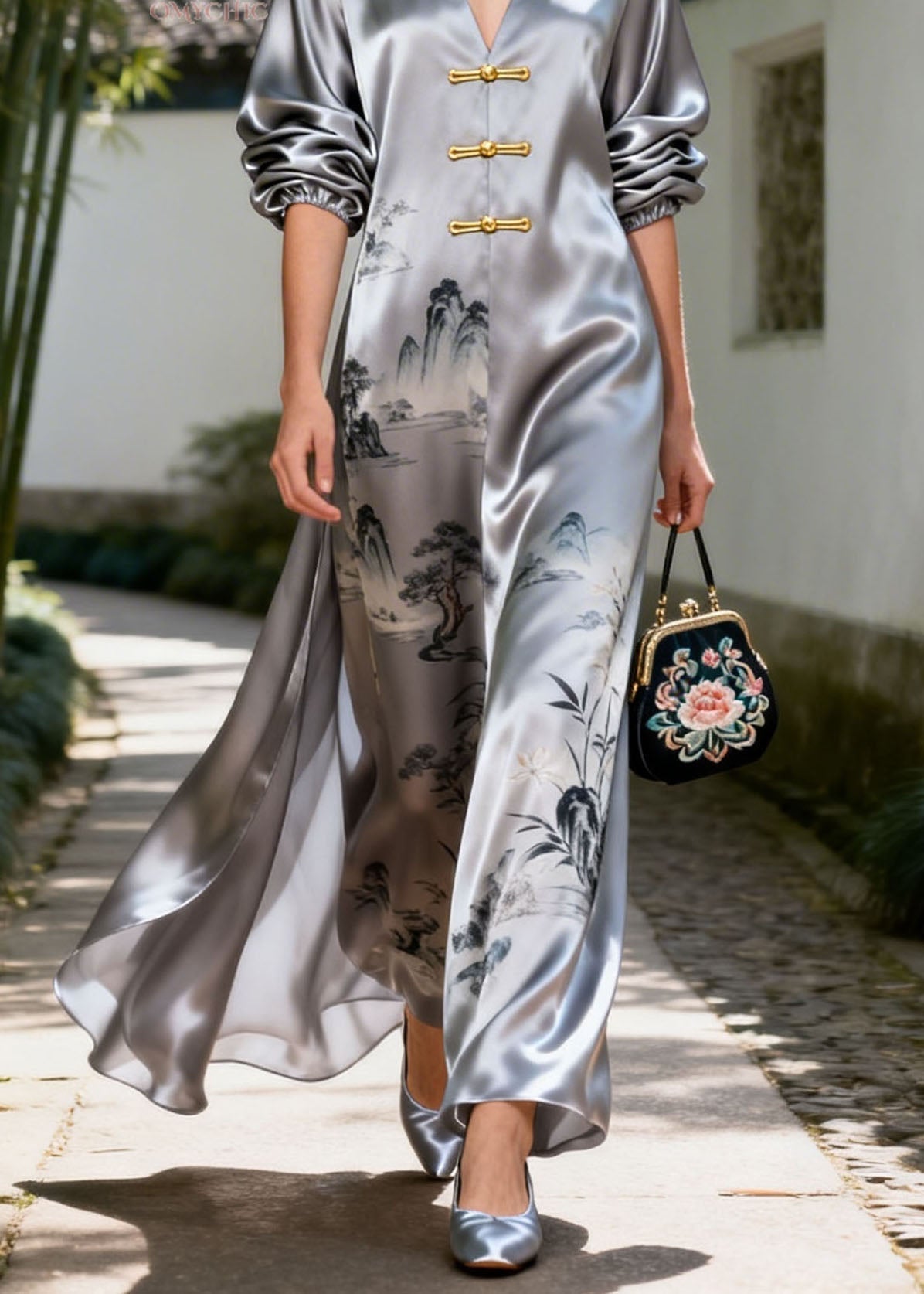 Ink Wash Landscape Print Puff Sleeve Frog Closure High Split Satin Maxi Gown