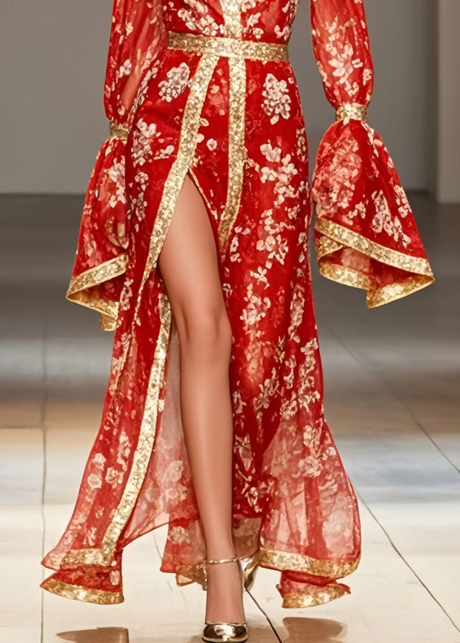Floral Print Chiffon Deep V-Neck Bell Sleeve Metallic Trim High Split Maxi Gown