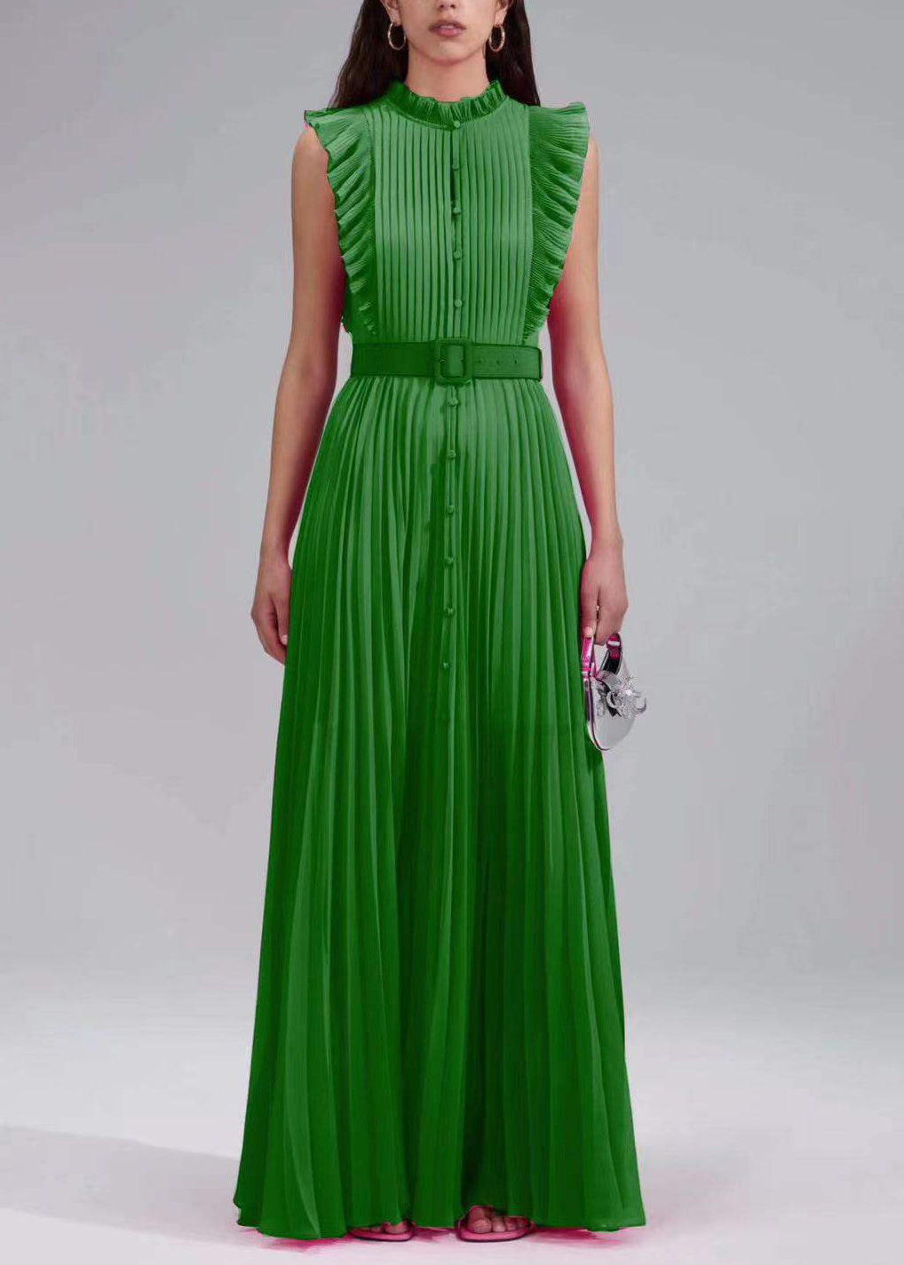 New Rose Ruffled Button Sashes Chiffon Maxi Dresses Sleeveless 2