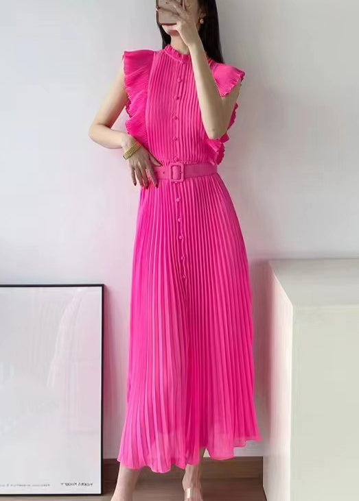 New Rose Ruffled Button Sashes Chiffon Maxi Dresses Sleeveless 3