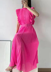 New Rose Ruffled Button Sashes Chiffon Maxi Dresses Sleeveless 4
