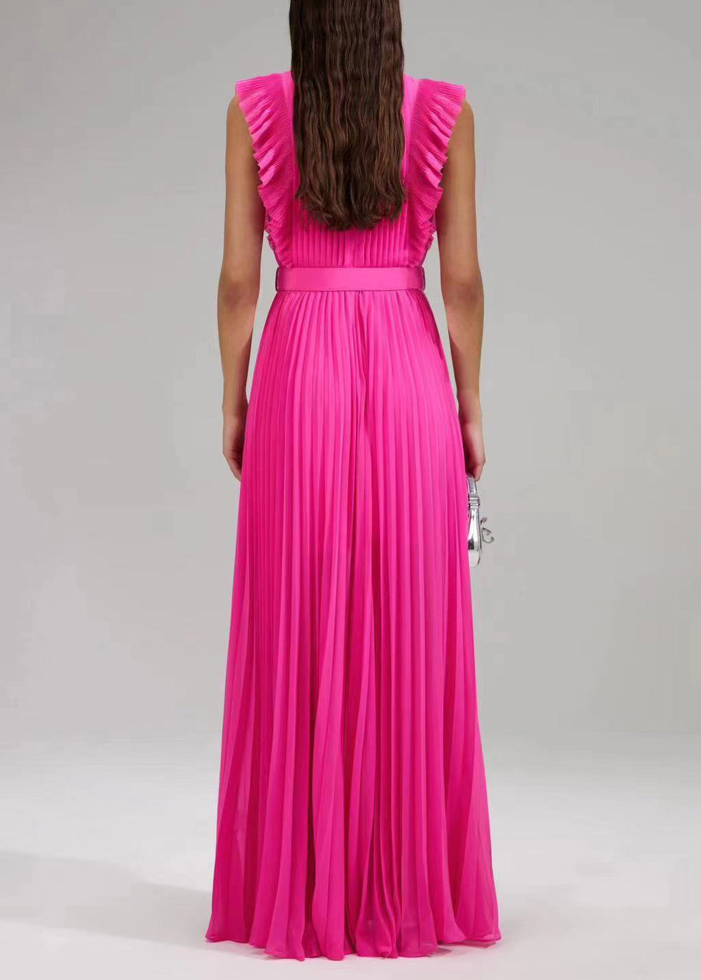 New Rose Ruffled Button Sashes Chiffon Maxi Dresses Sleeveless 5