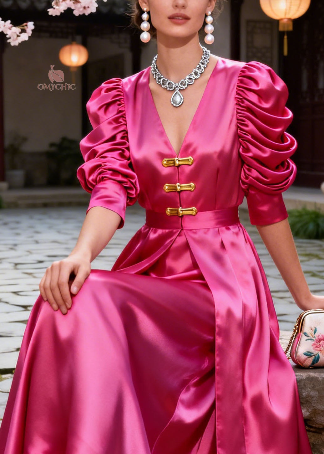 Satin Deep V-Neck Ruched Puff Sleeve Toggle Button Cinched Waist Maxi Gown