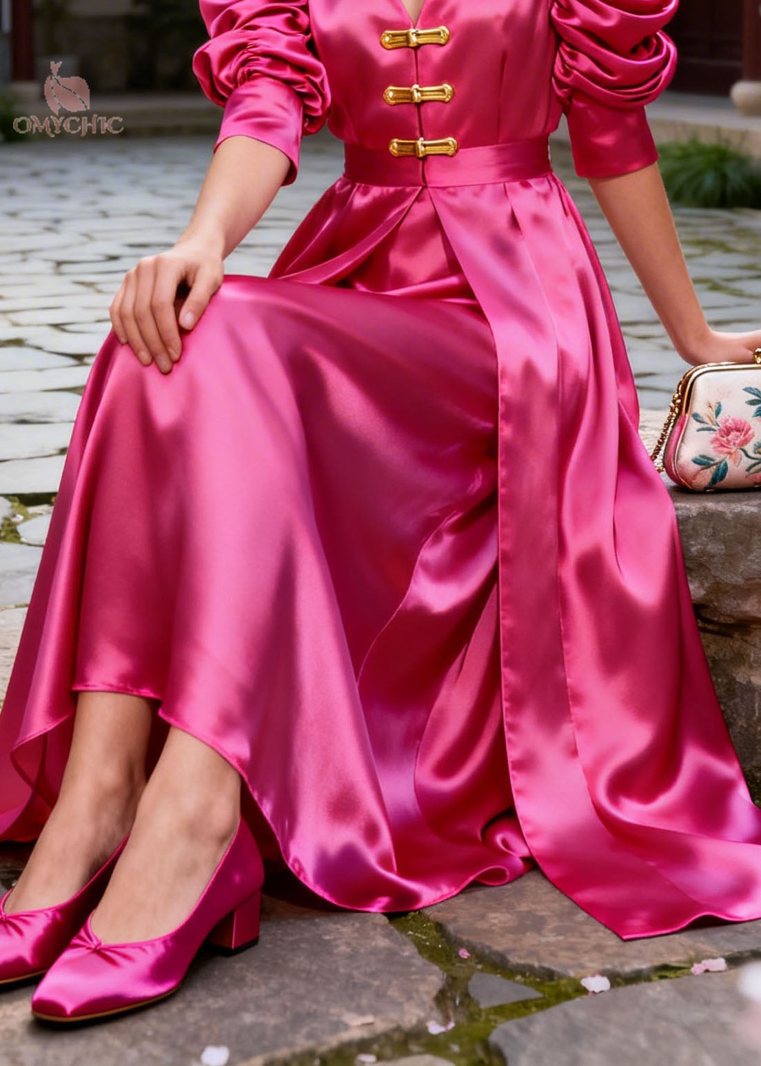 New Rose V Neck Puff Sleeve Wrinkled Patchwork Silk Dress
