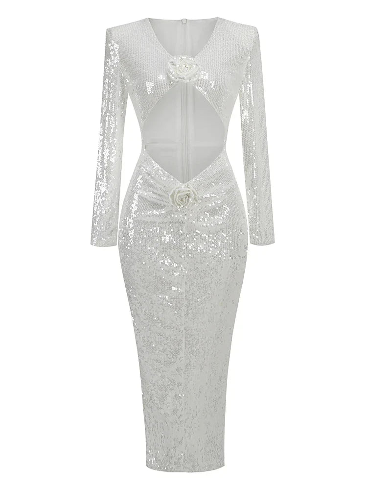 New Sexy Long Sleeves Luxury Sequins Slim Dress Hollow Flower Christmas Party White / S Dresses-L