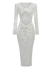New Sexy Long Sleeves Luxury Sequins Slim Dress Hollow Flower Christmas Party White / S Dresses-L